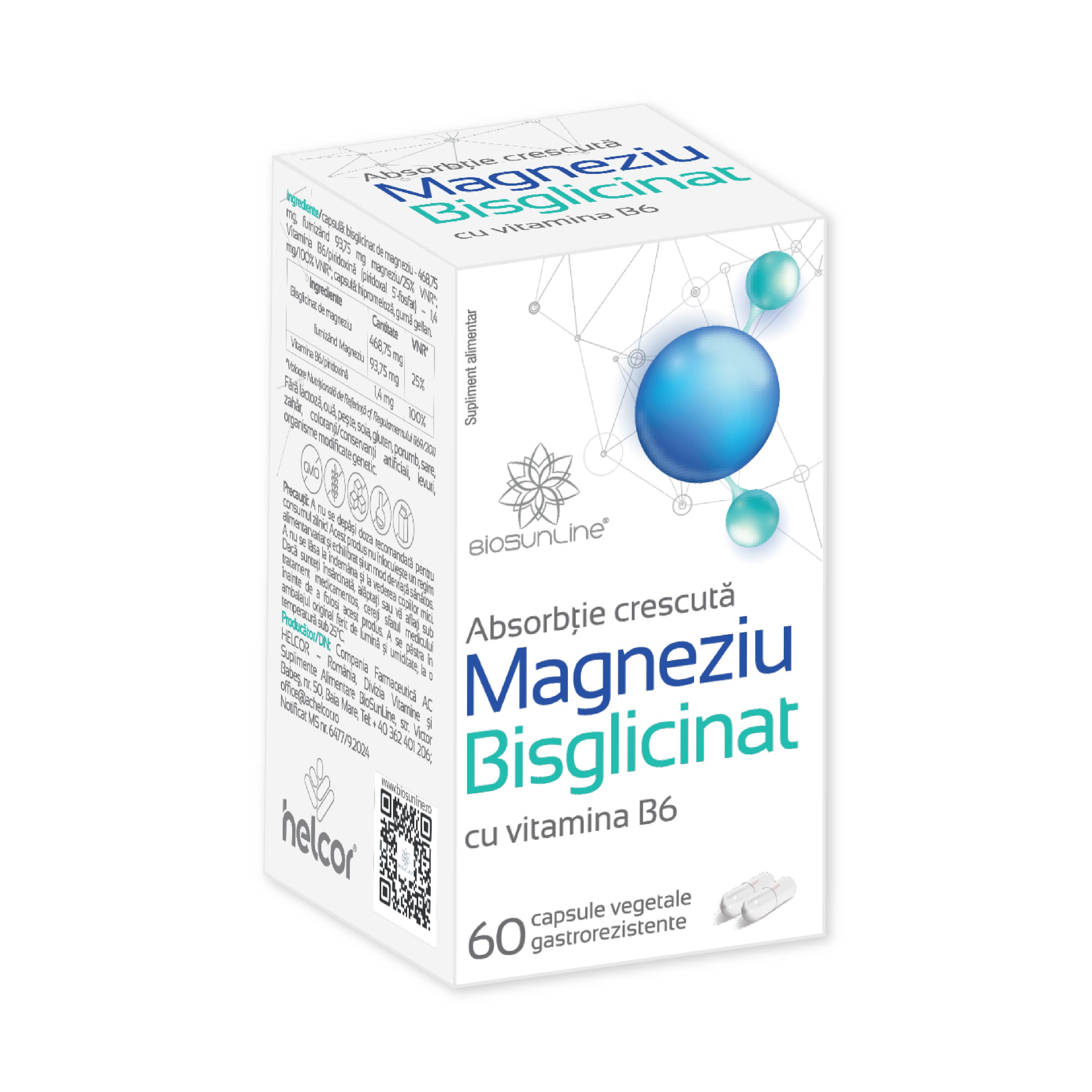 Magneziu Bisglicinat cu vitamina B6, 60 capsule vegetale gastrorezistente, BioSunLine