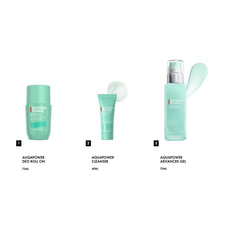 Set Gel de fata pentru barbati Advanced 75 ml + Gel de curatare 40 ml + Deodorant Roll-On 75 ml, Aquapower, Biotherm 682825