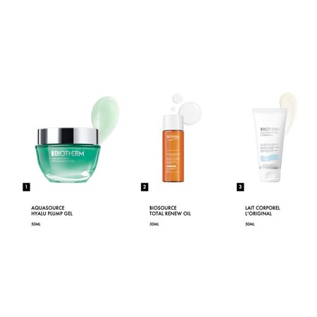 Set Crema de fata tip gel Aquasource Hyalu Plump 50 ml + Ulei spumant de curatare Biosource Total Renew 30 ml + Lotiune de corp Lait Corporel l'Original 50 ml, Biotherm 682828