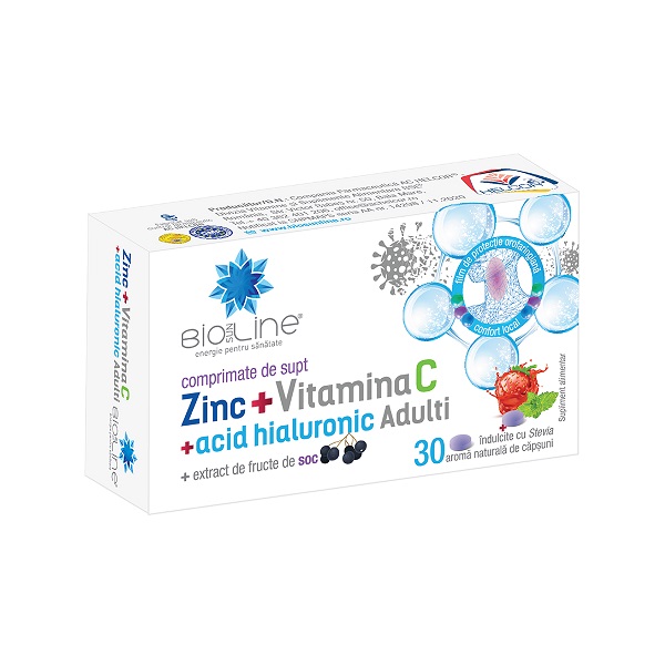 Zinc cu Vitamina C si Acid Hialuronic, 30 comprimate de supt, Helcor