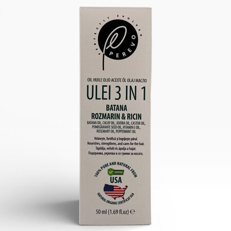 Ulei 3 in 1 cu batana, ricin si rozmarin pentru scalp si par, 50 ml, Perevo 712014