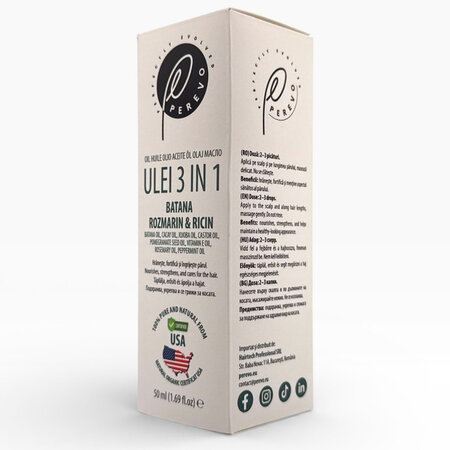 Ulei 3 in 1 cu batana, ricin si rozmarin pentru scalp si par, 50 ml, Perevo 712012
