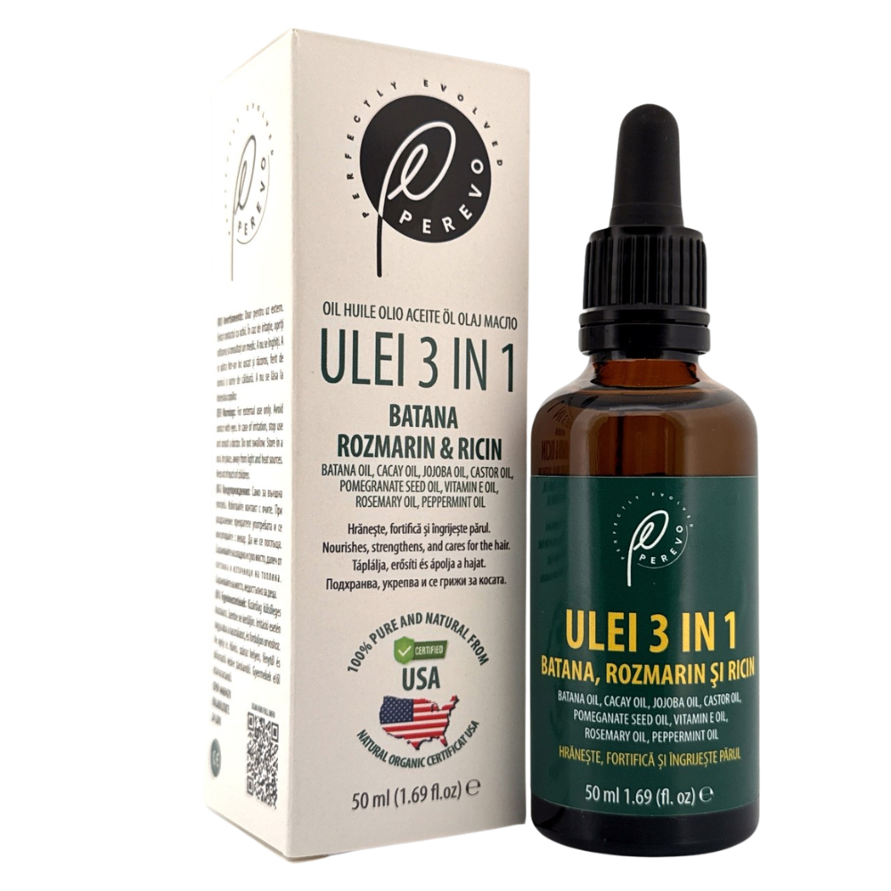 Ulei 3 in 1 cu batana, ricin si rozmarin pentru scalp si par, 50 ml, Perevo