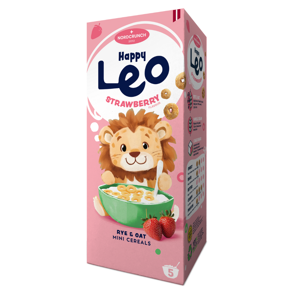 Cereale eco din secara si ovaz cu capsuni Happy Leo, 150 g, Nordcrunch
