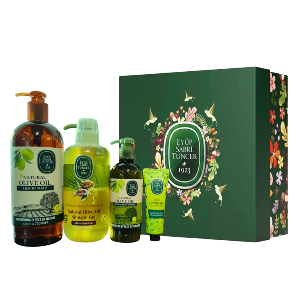 Set Gel de dus 600 ml + Sapun lichid 750 ml + Lotiune pentru maini si corp 250 ml + Crema de maini 50 ml Olive Touch, Eyup Sabri Tuncer