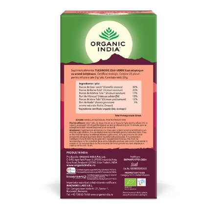 Ceai Bio Tulsi cu rodie si ceai verde, 25 plicuri, Organic India 683430