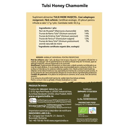 Ceai tulsi bio cu miere si musetel, 25 plicuri, Organic India 738646