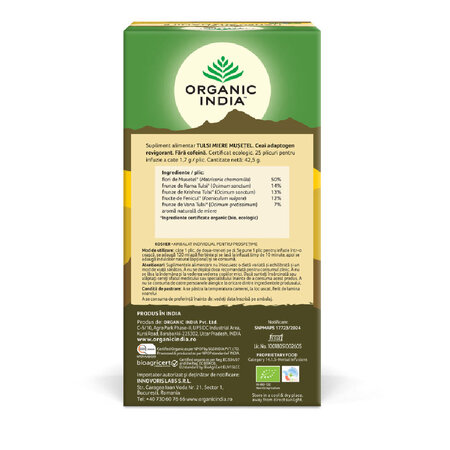 Ceai tulsi bio cu miere si musetel, 25 plicuri, Organic India 683441