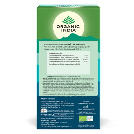 Ceai Bio Tulsi cu menta, 25 plicuri, Organic India 714288