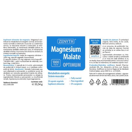 Magneziu Malat Optimum, 1000 mg, 30 capsule, Zenyth 701403