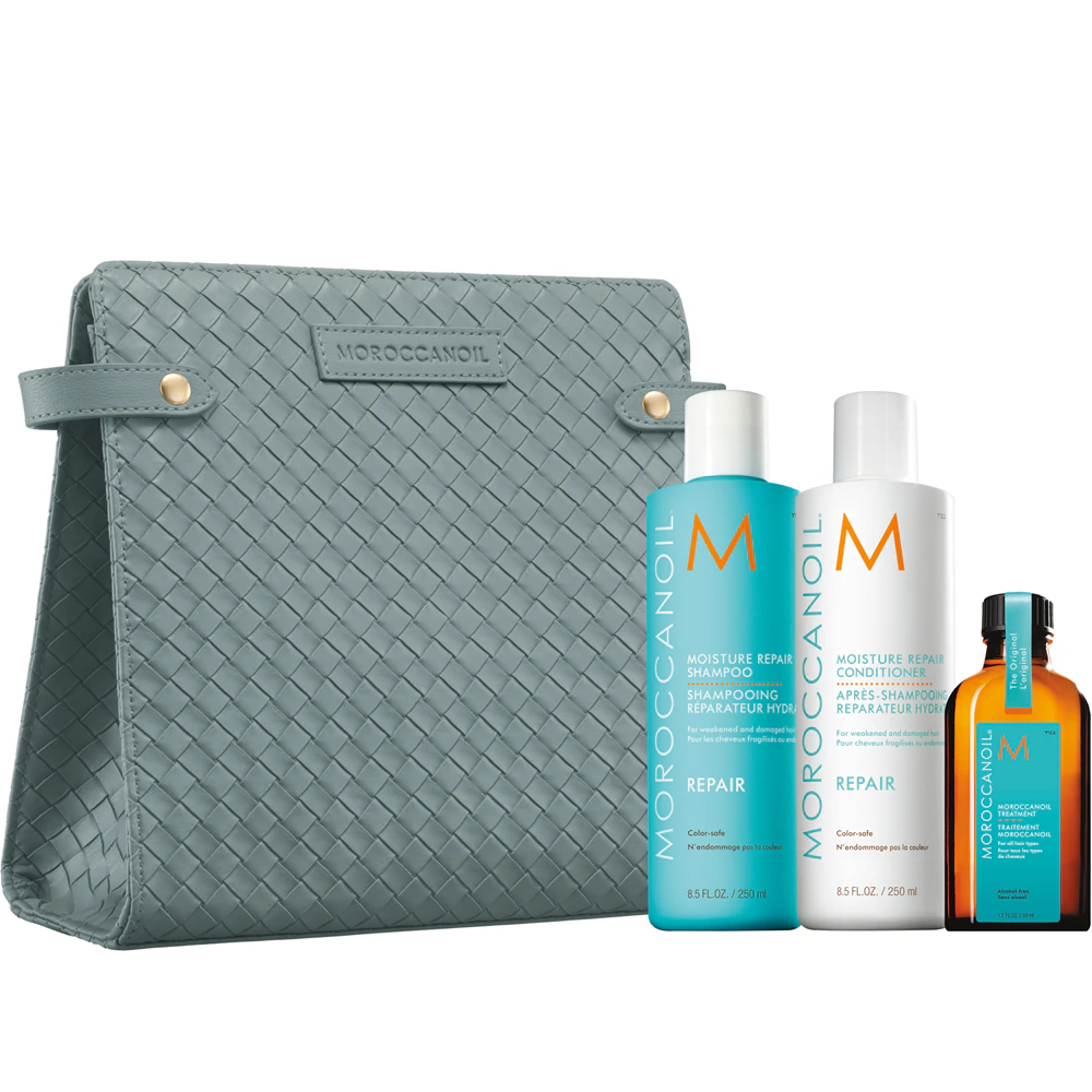 Set Sampon 250ml, Balsam 250ml, Ulei Tratament 50ml + pompita Repair, Moroccanoil