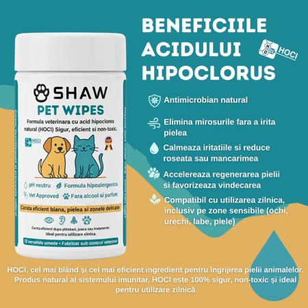 Servetele umede cu acid hipocloros pentru caini si pisici, 72 bucati, Shaw 683956