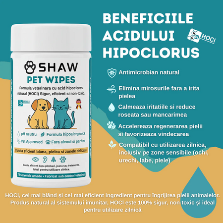 Servetele umede cu acid hipocloros pentru caini si pisici, 72 bucati, Shaw 683956