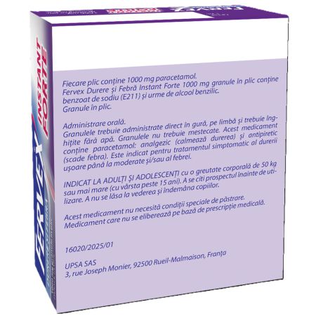 Fervex durere si febra instant forte, 1000 mg, 8 plicuri, Upsa 684286