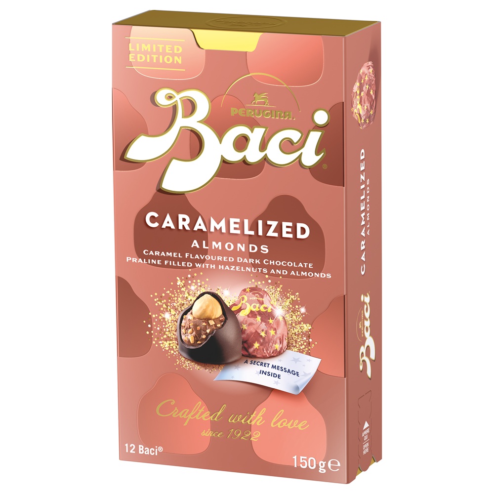 Praline de ciocolata neagra cu aroma de caramel, 150 g, Baci