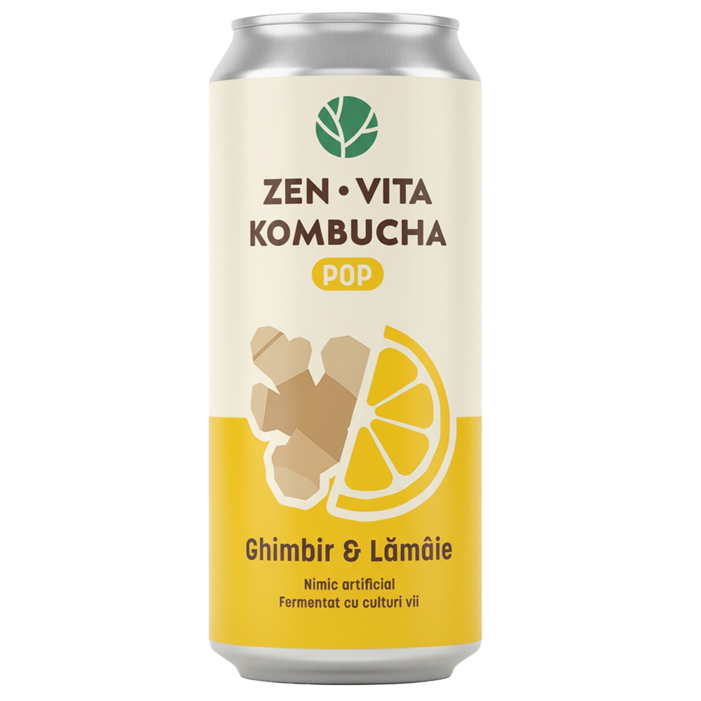 Bautura fermentata din ceai cu ghimbir si lamaie Kombucha Pop, 330 ml, Zenvita