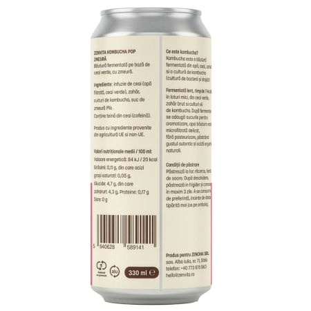 Bautura fermentata din ceai cu zmeura Kombucha Pop, 330 ml, Zenvita 684755