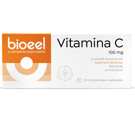 Vitamina C cu aroma de portocale, 100 mg, 20 comprimate masticabile, Bioeel 685295