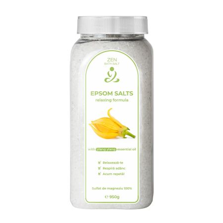 Sare de baie cu ulei esential de Ylang Ylang Epsom, 950 g, Zen