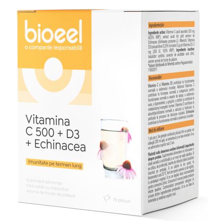 Vitamina C 500 + D3 + Echinacea, 15 plicuri, Bioeel 685499