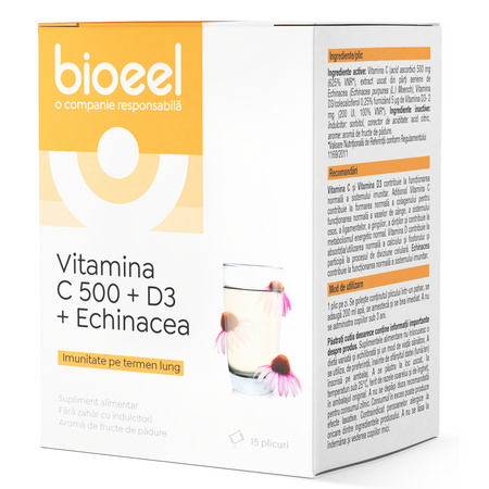 Vitamina C 500 + D3 + Echinacea, 15 plicuri, Bioeel 685499