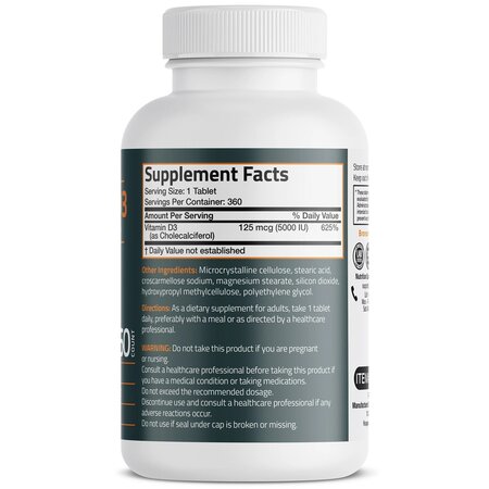 Vitamina D3 5000 UI, 125 mcg, 360 tablete, Bronson Laboratories 685785