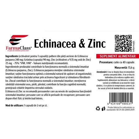 Echinacea si Zinc, 40 capsule, FarmaClass 688259