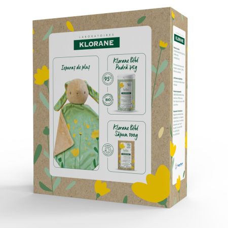 Set Pudra protectoare pentru bebelusi 75 g + Sapun solid bio pentru corp si par 100 g + Iepuras de plus, Klorane Bebe 686140