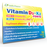 Vitamina D3 + K2 Forte, 30 capsule moi, Justin Pharma