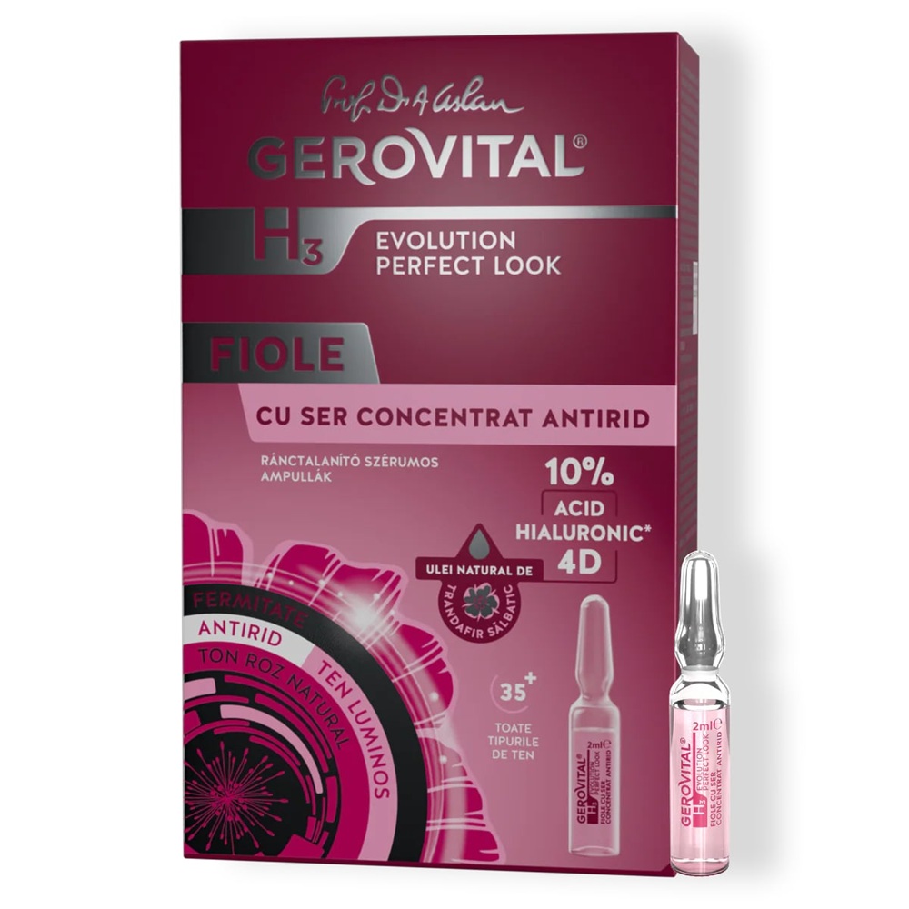Fiole cu ser concentrat antirid cu Acid Hialuronic 10% 4D H3 Evolution Perfect Look, 10 fiole x 2 ml, Gerovital