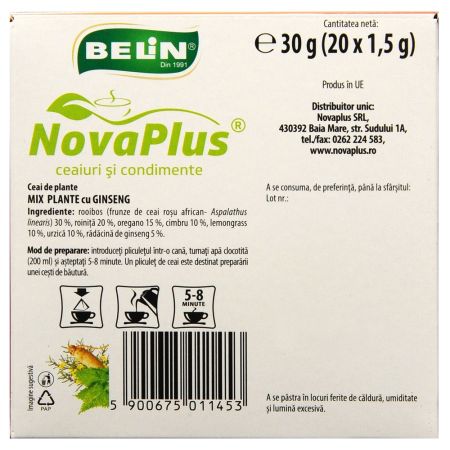 Ceai cu mix de plante si ginseng, 20 plicuri, Belin 688297