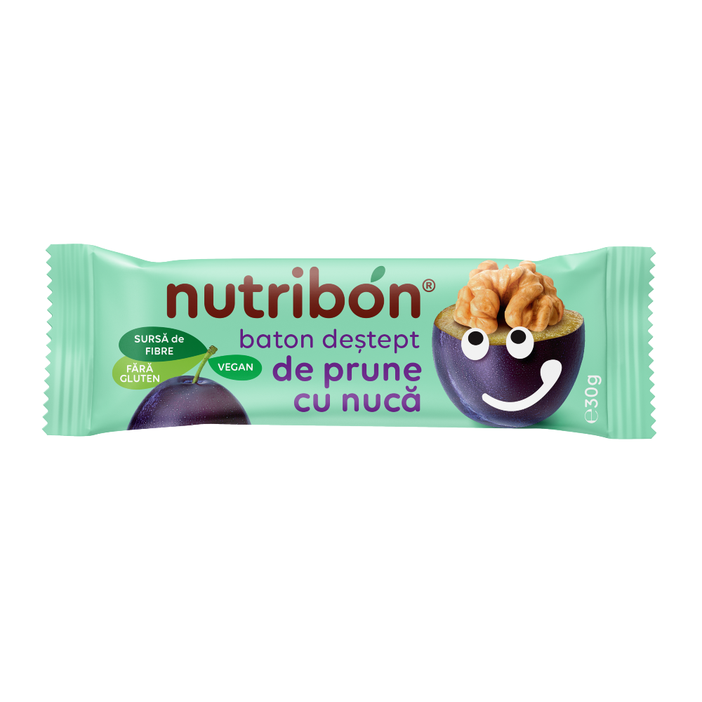 Baton vegan fara gluten cu prune si nuci, 30 g, Nutribon