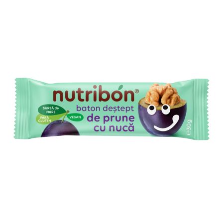Baton vegan fara gluten cu prune si nuci, 30 g, Nutribon