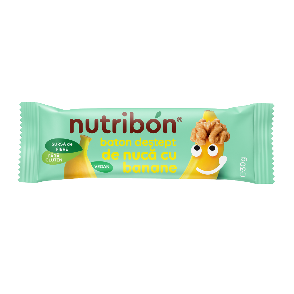 Baton vegan fara gluten cu banane si nuci, 30 g, Nutribon