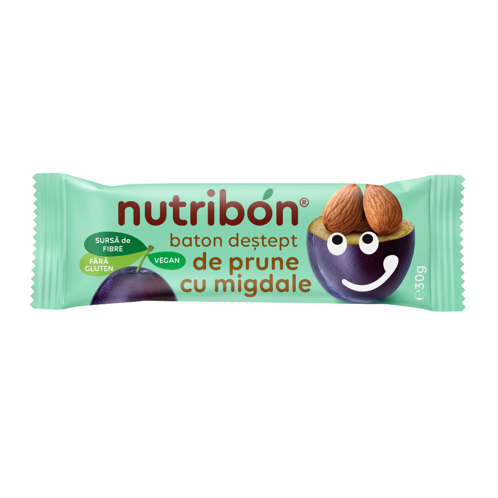 Baton vegan fara gluten cu prune si migdale, 30 g, Nutribon