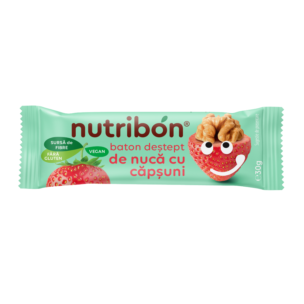 Baton vegan fara gluten cu nuca si capsuni, 30 g, Nutribon