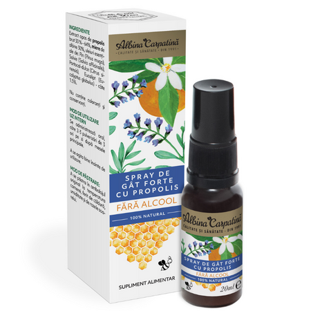 Spray de gat forte cu propolis fara alcool, 20 ml, Albina Carpatina 722034