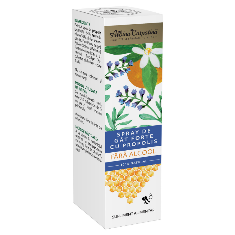 Spray de gat forte cu propolis fara alcool, 20 ml, Albina Carpatina