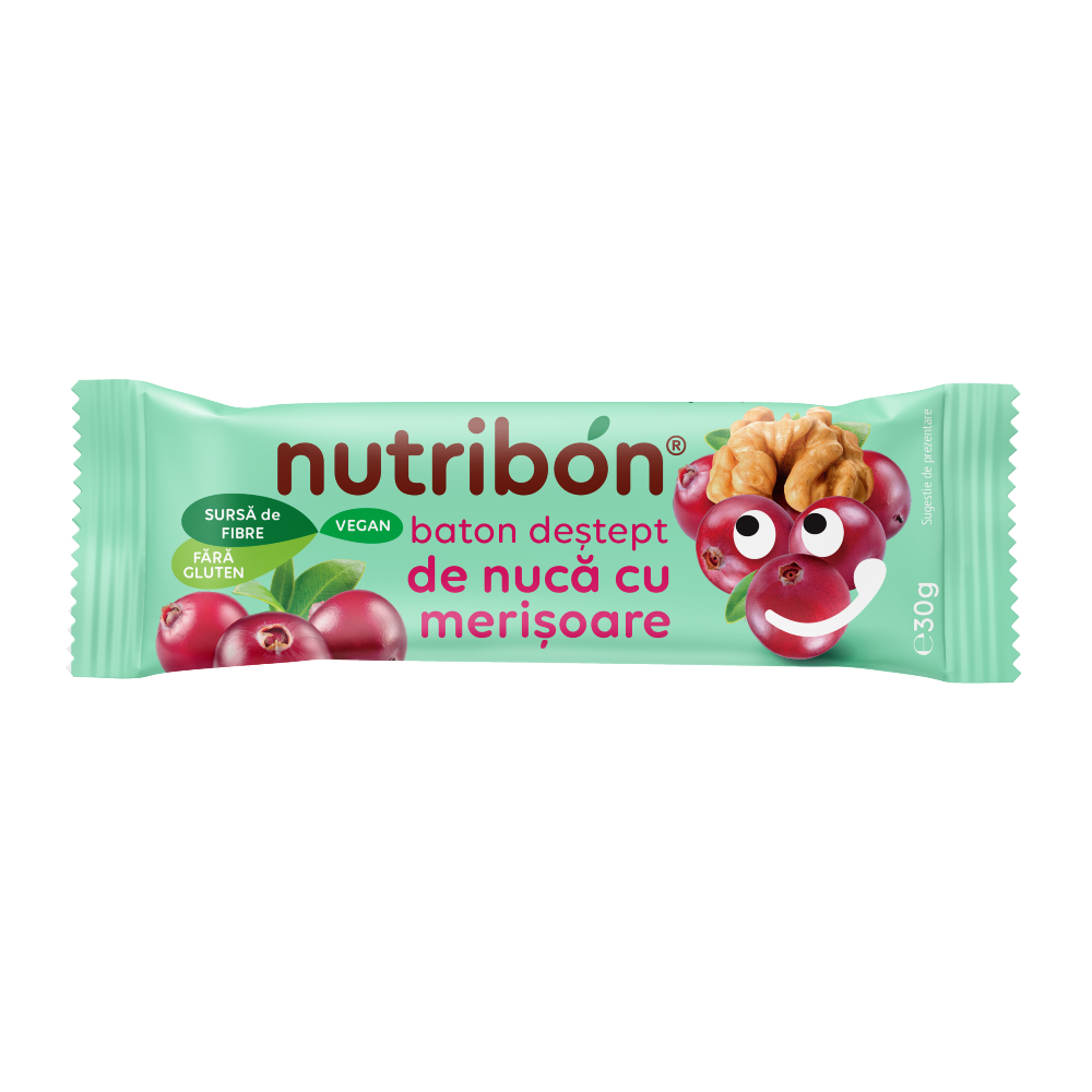 Baton vegan fara gluten cu nuca si merisoare, 30 g, Nutribon