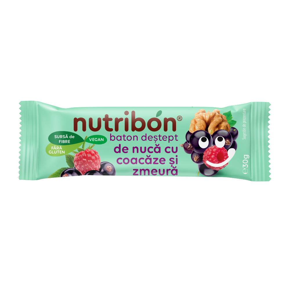 Baton vegan fara gluten cu nuca, coacaze si zmeura, 30 g, Nutribon