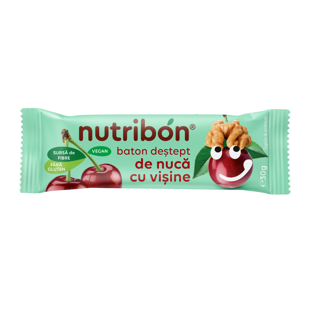 Baton vegan fara gluten cu nuca si visine, 30 g, Nutribon