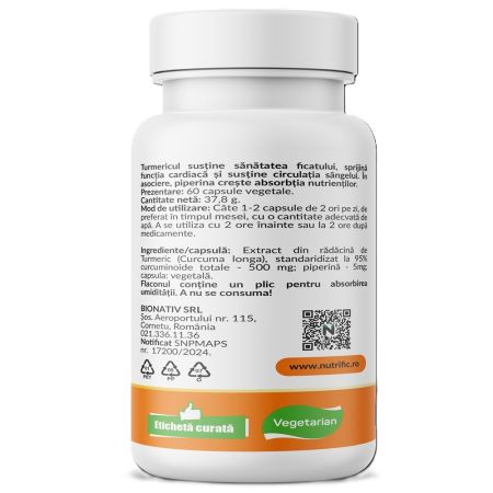 Turmeric Curcumin Extract plus Piperina, 500 mg, 60 capsule vegetale, Nutrific 689937