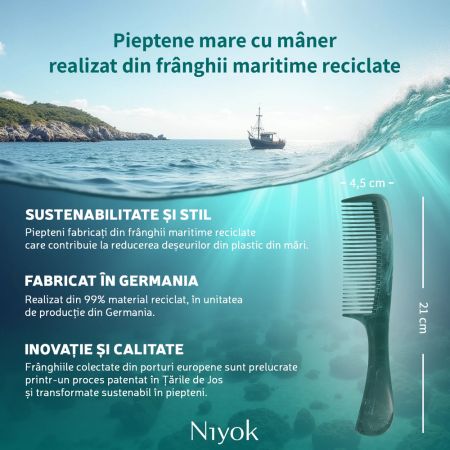 Pieptan mare cu maner din materiale reciclate Comb Recycled, 1 bucata, Niyok 689543