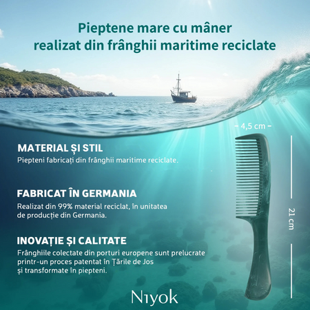 Pieptan mare cu maner din materiale reciclate Comb Recycled, 1 bucata, Niyok 756368