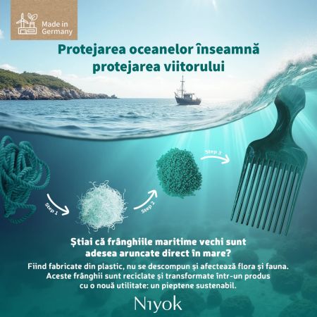 Pieptan din materiale reciclate pentru par cret Afro Comb Recycled, 1 bucata, Niyok 689534