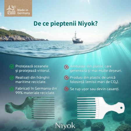 Pieptan din materiale reciclate pentru par cret Afro Comb Recycled, 1 bucata, Niyok 689538