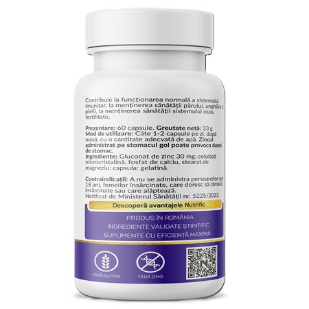 Zinc Gluconat, 30 mg, 60 capsule, Nutrific 689929