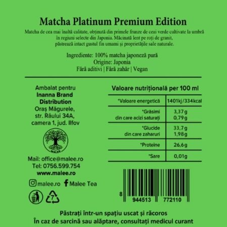 Pudra matcha ceremoniala Japan Premium Platinum Edition, 100 g, Malee 689649