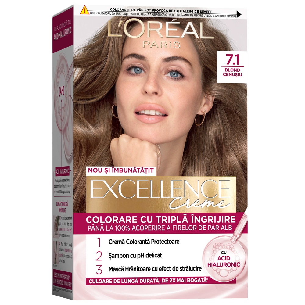 Vopsea de par cu acid hialuronic Excellence Color Creme 7.1 Blond Cenusiu, 192 ml, Loreal