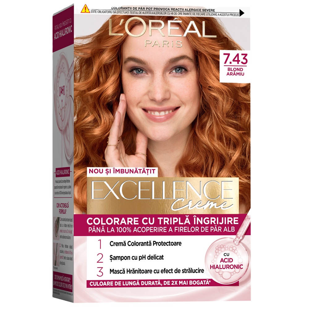Vopsea de par cu acid hialuronic Excellence Color Creme 7.43 Blond Aramiu, 192 ml, Loreal